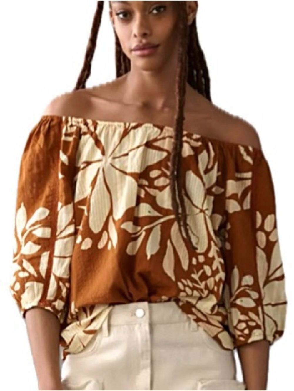 NWT Anthropologie Off the Shoulder Floral Striped Top Size Small Oversized Flowy